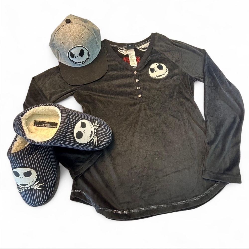 Disney Nightmare Before Christmas Cozy Slippers, Velour Shirt, and Hat